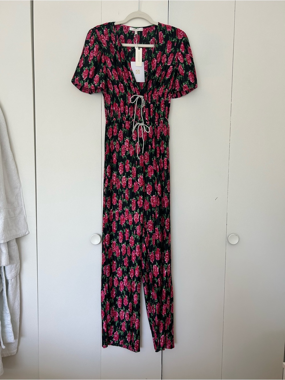 Wayf Black Floral Jumpsuit with Pink Roses